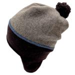 Earflap hat with pom pom - dark brown and beige with blue stripe